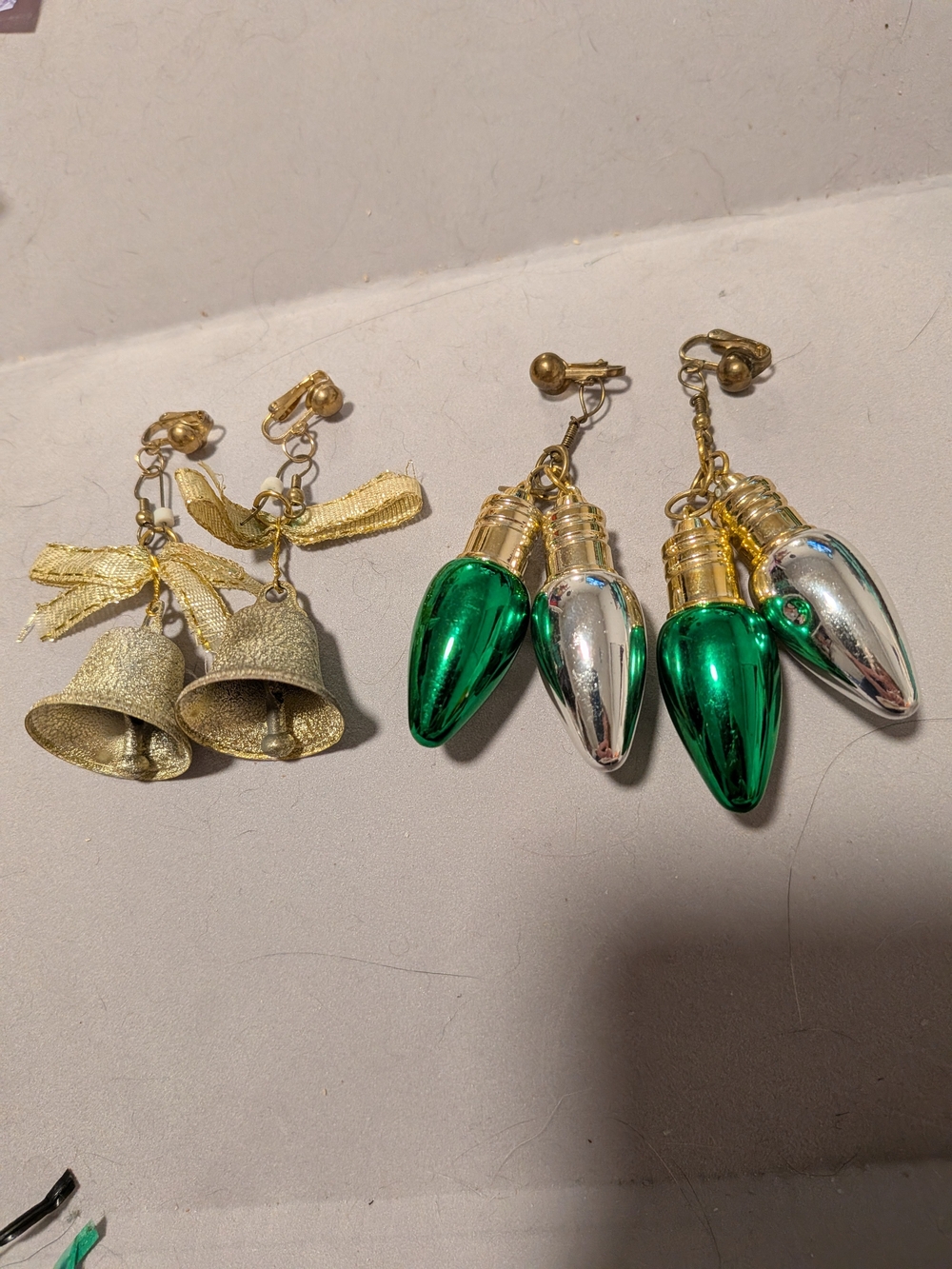 Vintage Gold Bell and Green/Silver Bulb Drop Clip-On Earrings lot